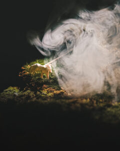 Fuchs-Figur aus Holz im Nebel